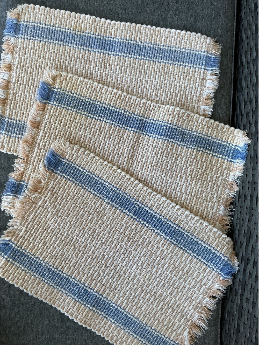 Set of 3 Beige and Blue Cotton Placemats with Fringe Edges
